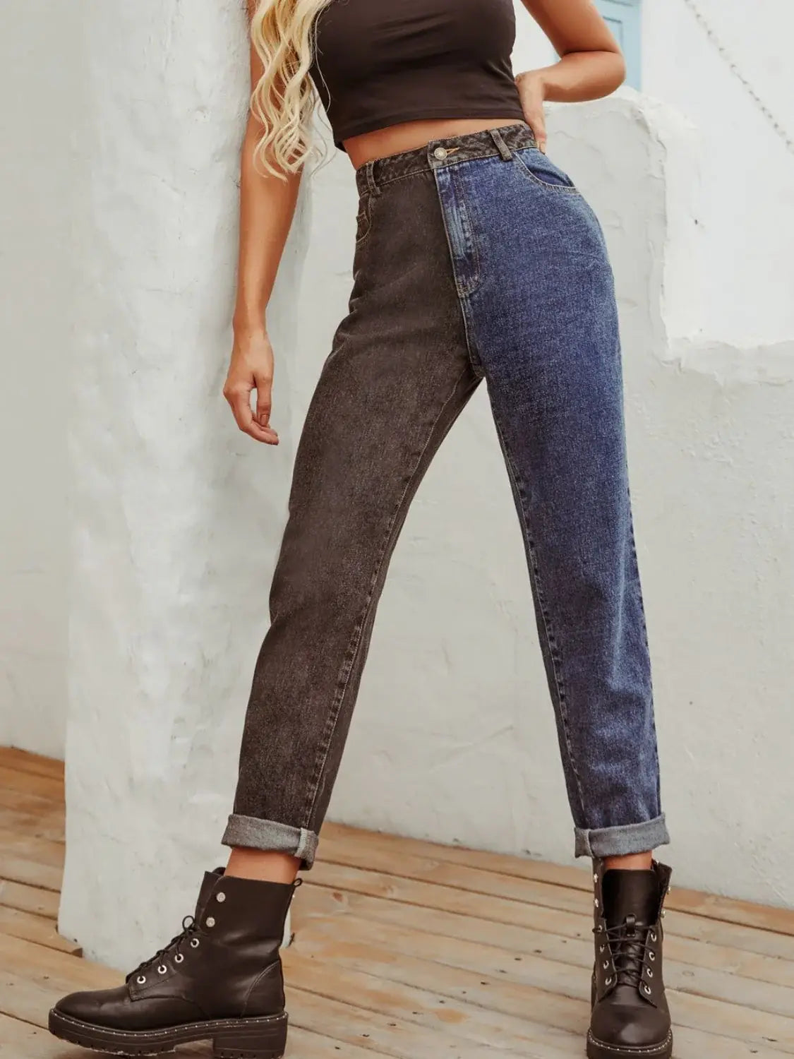 Two Tone Straight Leg Jeans - Trendsi - Flyclothing LLC