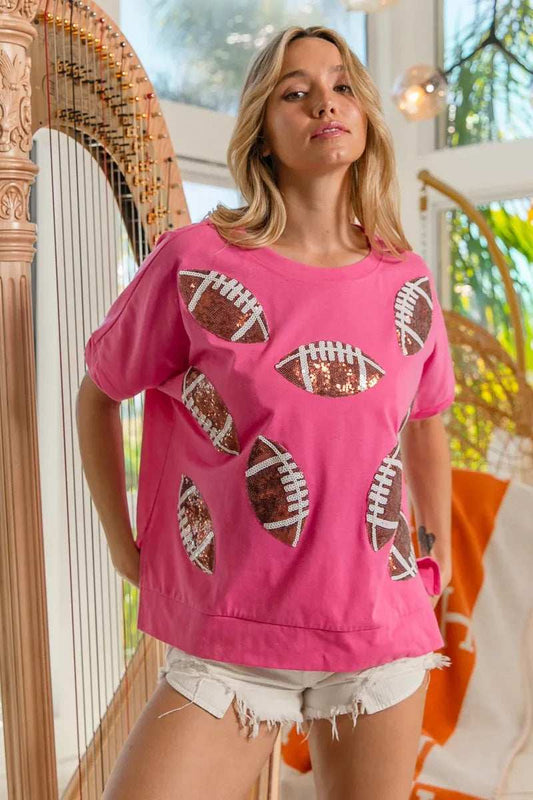 BiBi Game Day Sequins Patched Half Sleeves Top - Trendsi - Flyclothing LLC