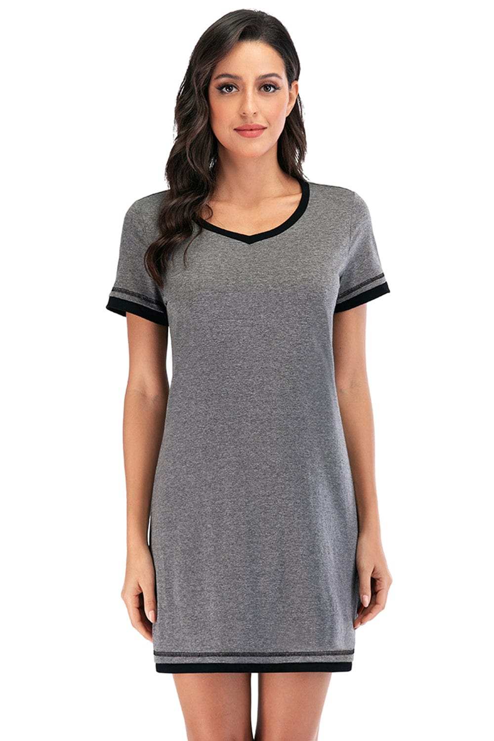 Contrast Trim Short Sleeve Lounge Dress - Trendsi - Flyclothing LLC