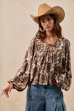 BiBi Printed Woven Front Tied Blouse with Baloon Sleeve - Trendsi - Flyclothing LLC