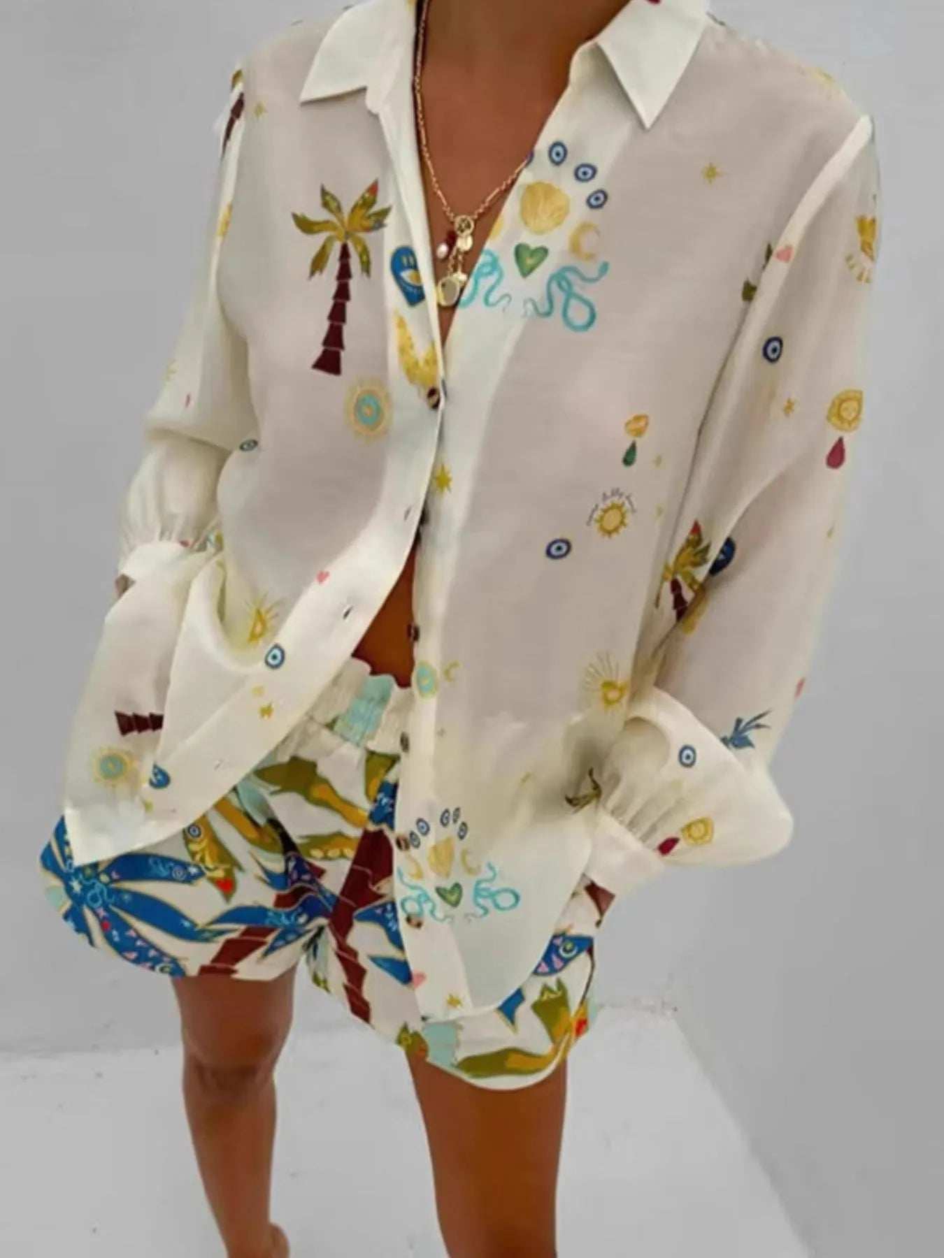 Printed Button Up Shirt and Shorts Set - Trendsi - Flyclothing LLC
