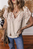 Geometric Embroidered Short Sleeve Tassel Tie Neck Blouse - Trendsi