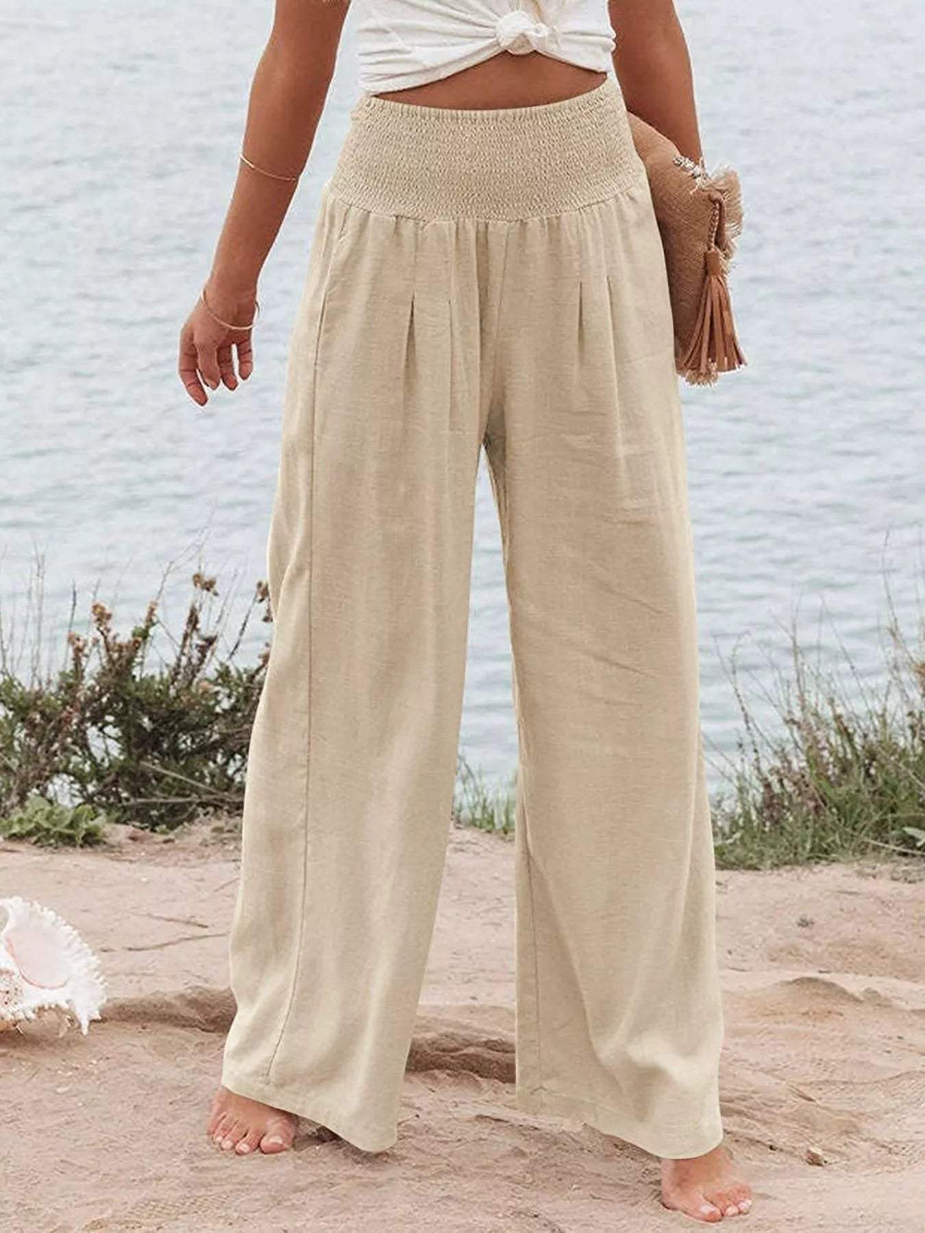 Smocked High Waisted Wide Leg Pants - Trendsi - Flyclothing LLC