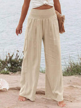 Smocked High Waisted Wide Leg Pants - Trendsi - Flyclothing LLC