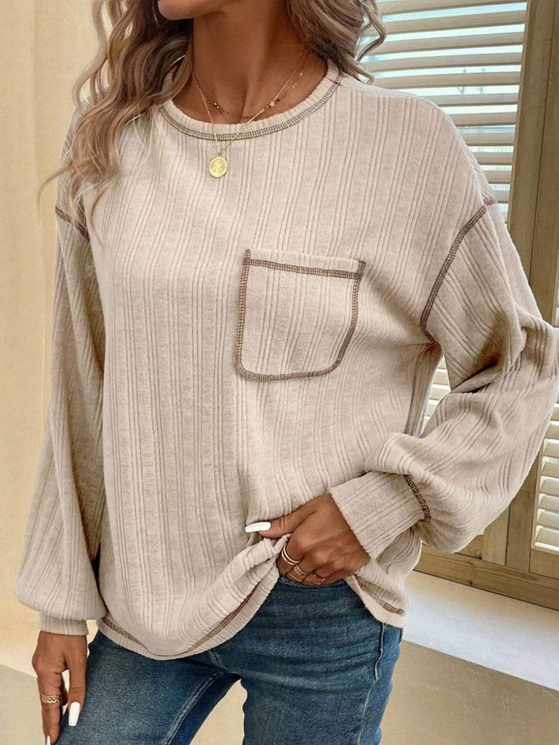 Mandy Contrast Stitching Round Neck Long Sleeve T-Shirt - Trendsi - Flyclothing LLC