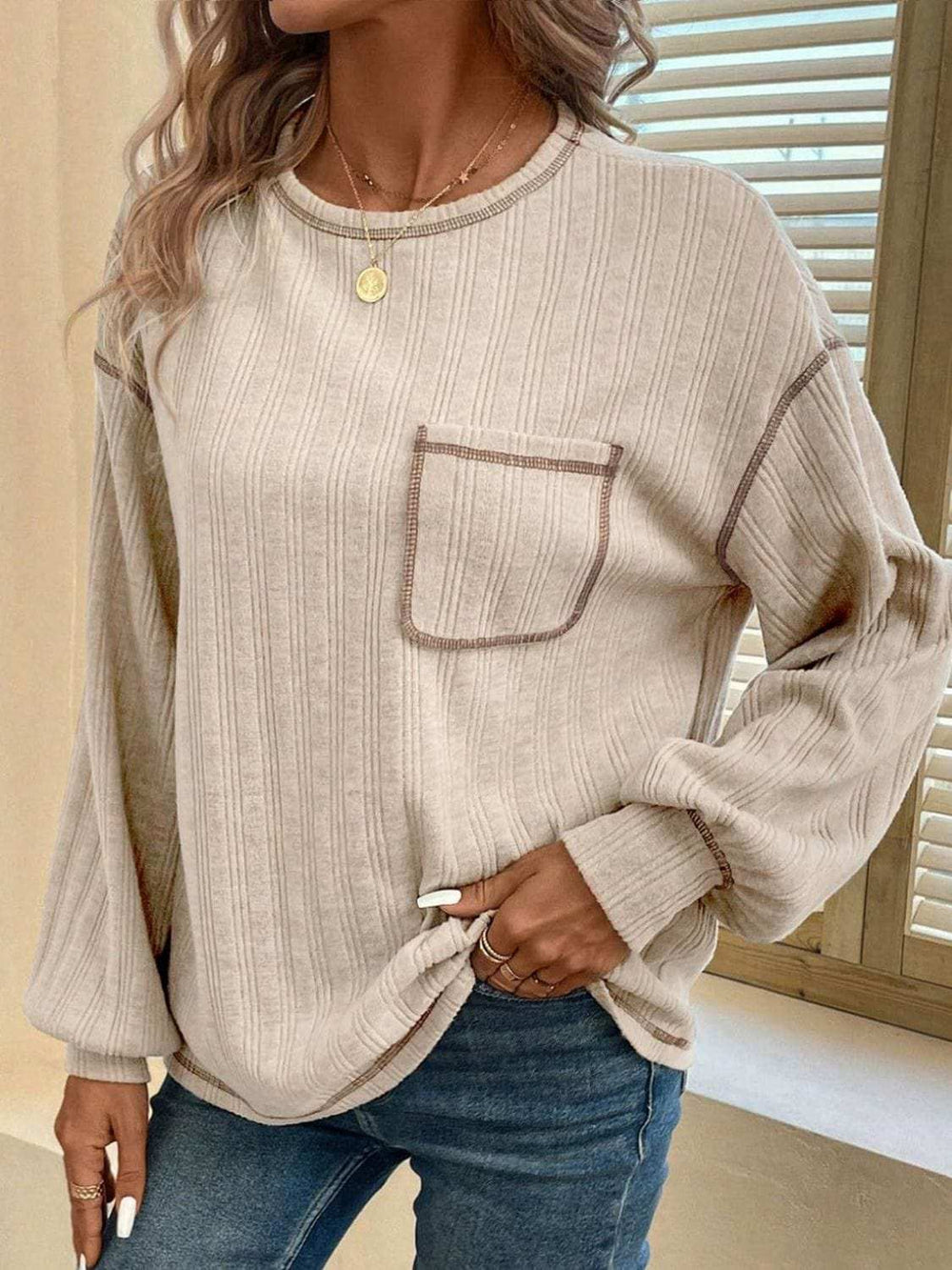 Mandy Contrast Stitching Round Neck Long Sleeve T-Shirt - Trendsi - Flyclothing LLC