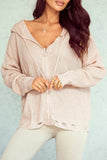 Distressed Zip Up Drawstring Hooded Cardigan - Trendsi - Flyclothing LLC