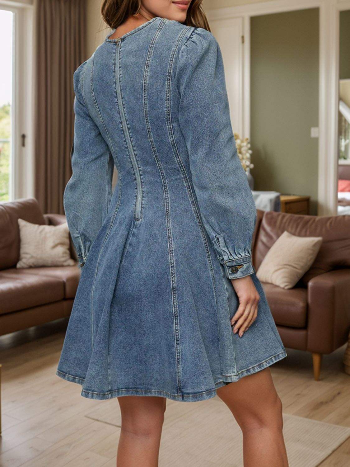 Back Zip Round Neck Long Sleeve Dress - Trendsi - Flyclothing LLC