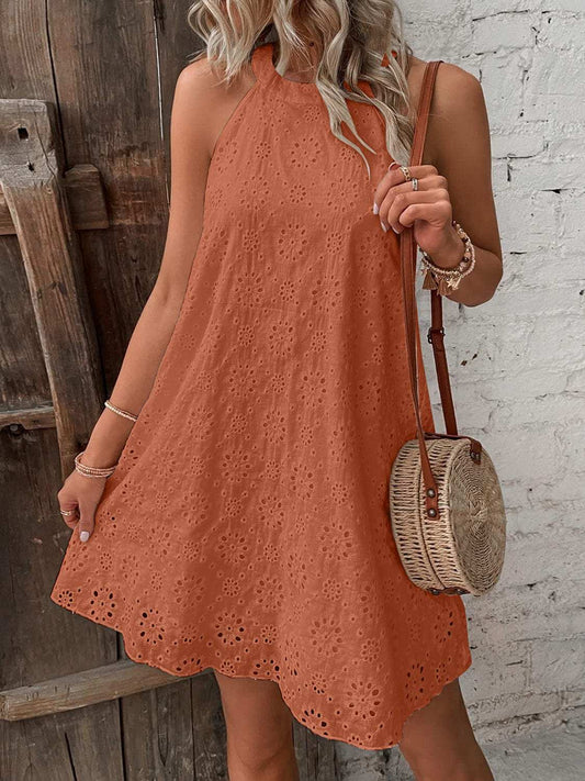 Eyelet Grecian Neck Mini Dress - Trendsi - Flyclothing LLC