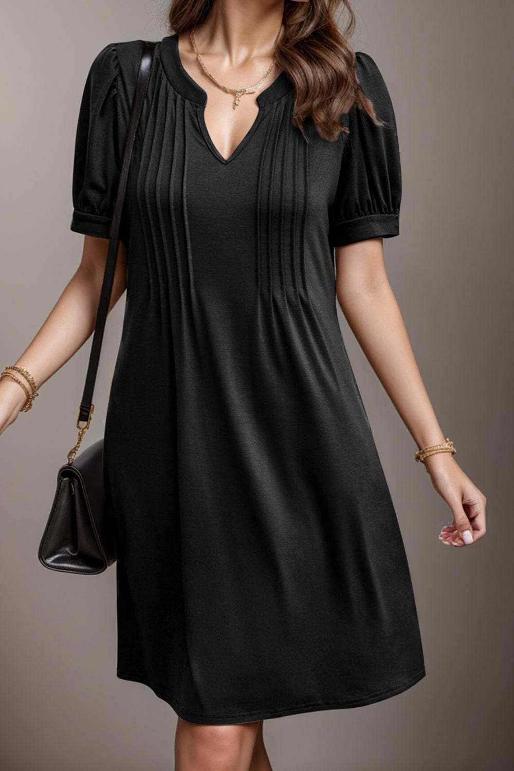 Pin-Tuck Notched Short Sleeve Dress - Trendsi - Flyclothing LLC