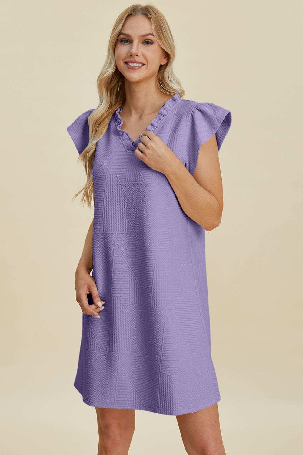 Double Take Full Size Ruffled V-Neck Cap Sleeve Dress - Trendsi - Flyclothing LLC