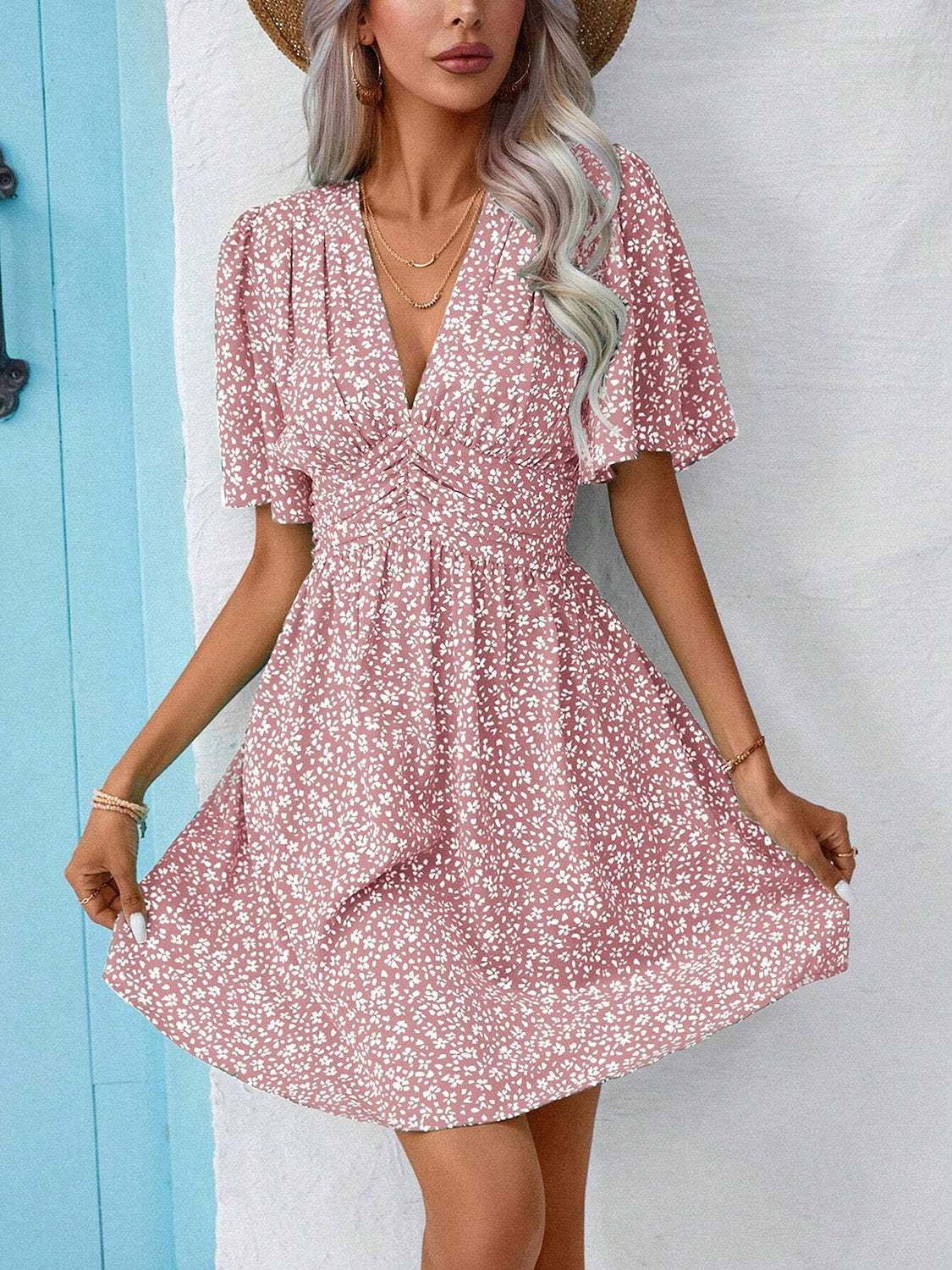 Printed V-Neck Half Sleeve Mini Dress - Trendsi - Flyclothing LLC