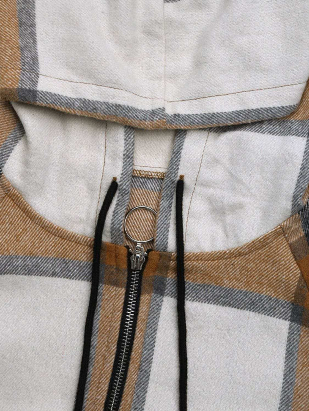 Drawstring Plaid Zip Up Long Sleeve Hooded Outerwear - Trendsi - Flyclothing LLC