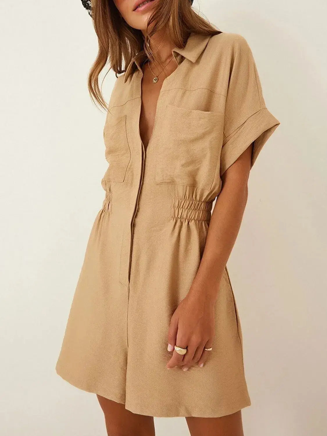 Johnny Collar Short Sleeve Romper - Trendsi - Flyclothing LLC