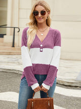 Color Block V-Neck Long Sleeve T-Shirt - Trendsi - Flyclothing LLC
