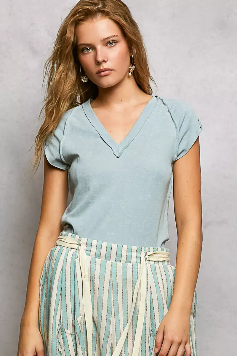 POL V-Neck Short Sleeve Washed T-Shirt with Outseam - Trendsi - Flyclothing LLC