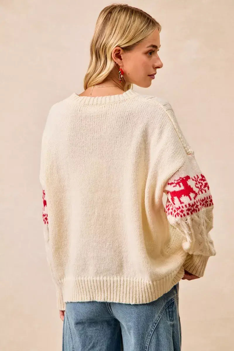BiBi Christmas Theme Patterned Cable Knit Sweater - Trendsi - Flyclothing LLC