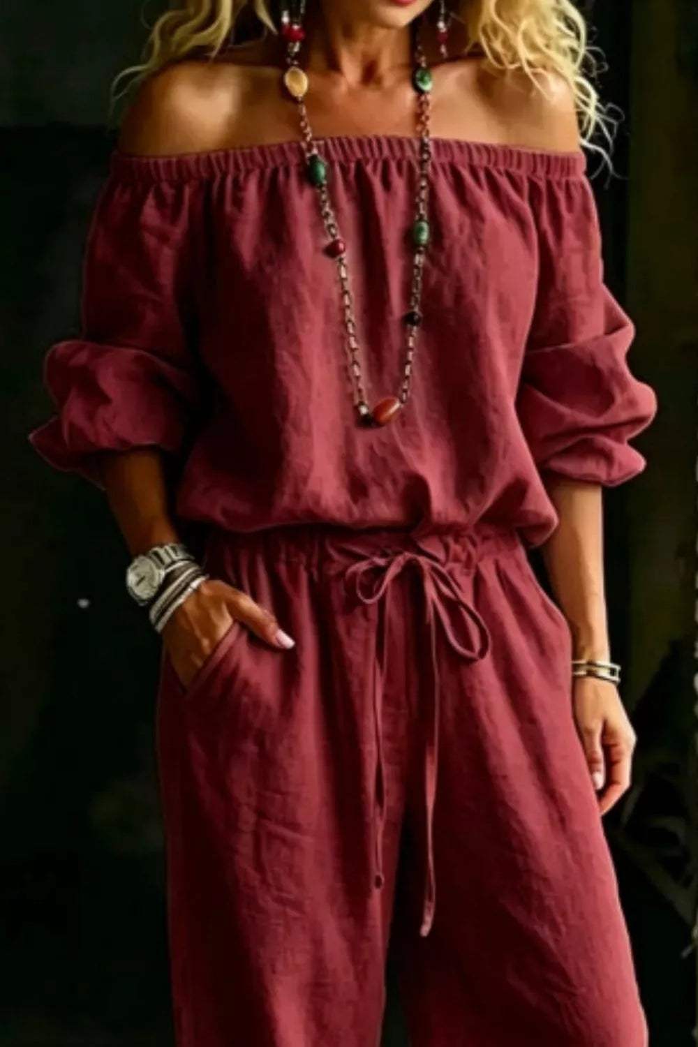 Full Size Off-Shoulder Top and Pants Set Plus Size - Trendsi - Flyclothing LLC