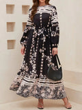 Printed Round Neck Long Sleeve Maxi Dress with Pockets - Trendsi