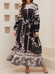 Printed Round Neck Long Sleeve Maxi Dress with Pockets - Trendsi