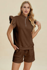 Double Take Full Size Texture Flounce Sleeve Top and Shorts Set - Trendsi - Flyclothing LLC
