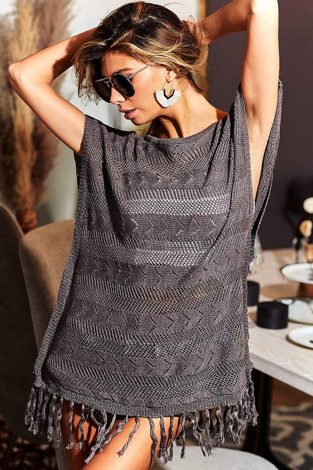 BiBi Fringed Hem Short Sleeve Knit Top - Trendsi - Flyclothing LLC