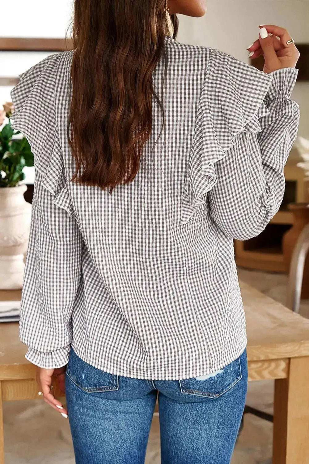 Ruffled Plaid Notched Flounce Sleeve Shirt - Trendsi - Flyclothing LLC