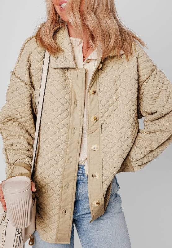 Exposed Seam Collared Neck Button Up Shacket - Trendsi - Flyclothing LLC