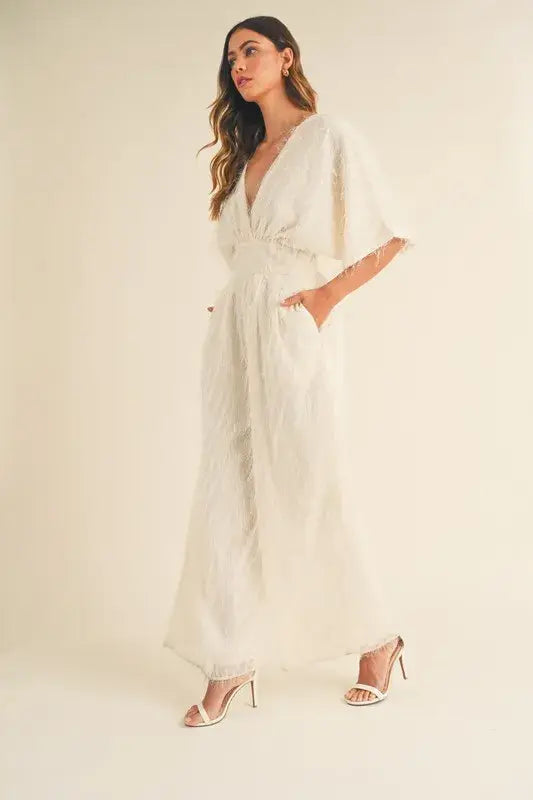 MABLE Fluffy Deep V Neck Wide Leg Jumpsuit - Trendsi - Flyclothing LLC
