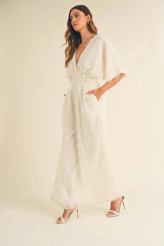 MABLE Fluffy Deep V Neck Wide Leg Jumpsuit - Trendsi