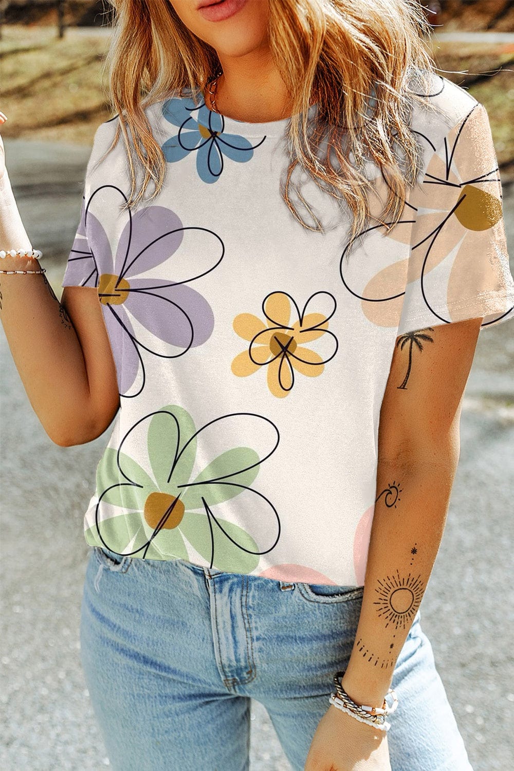 Printed Round Neck Short Sleeve T-Shirt - Trendsi