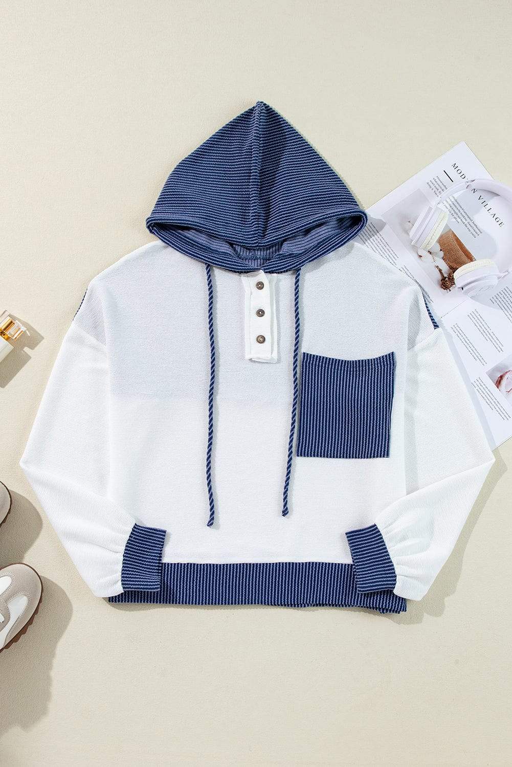 Corded Color Block Drawstring Hoodie - Trendsi - Flyclothing LLC
