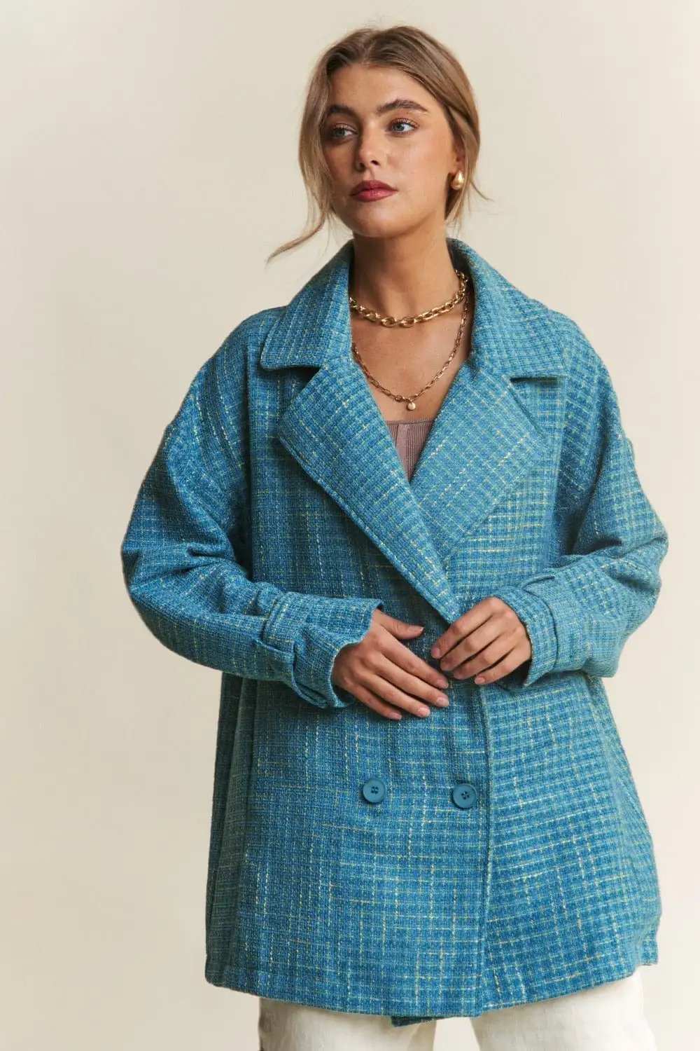 J.NNA Tweed Double-Breasted Long Sleeve Coat - Trendsi - Flyclothing LLC