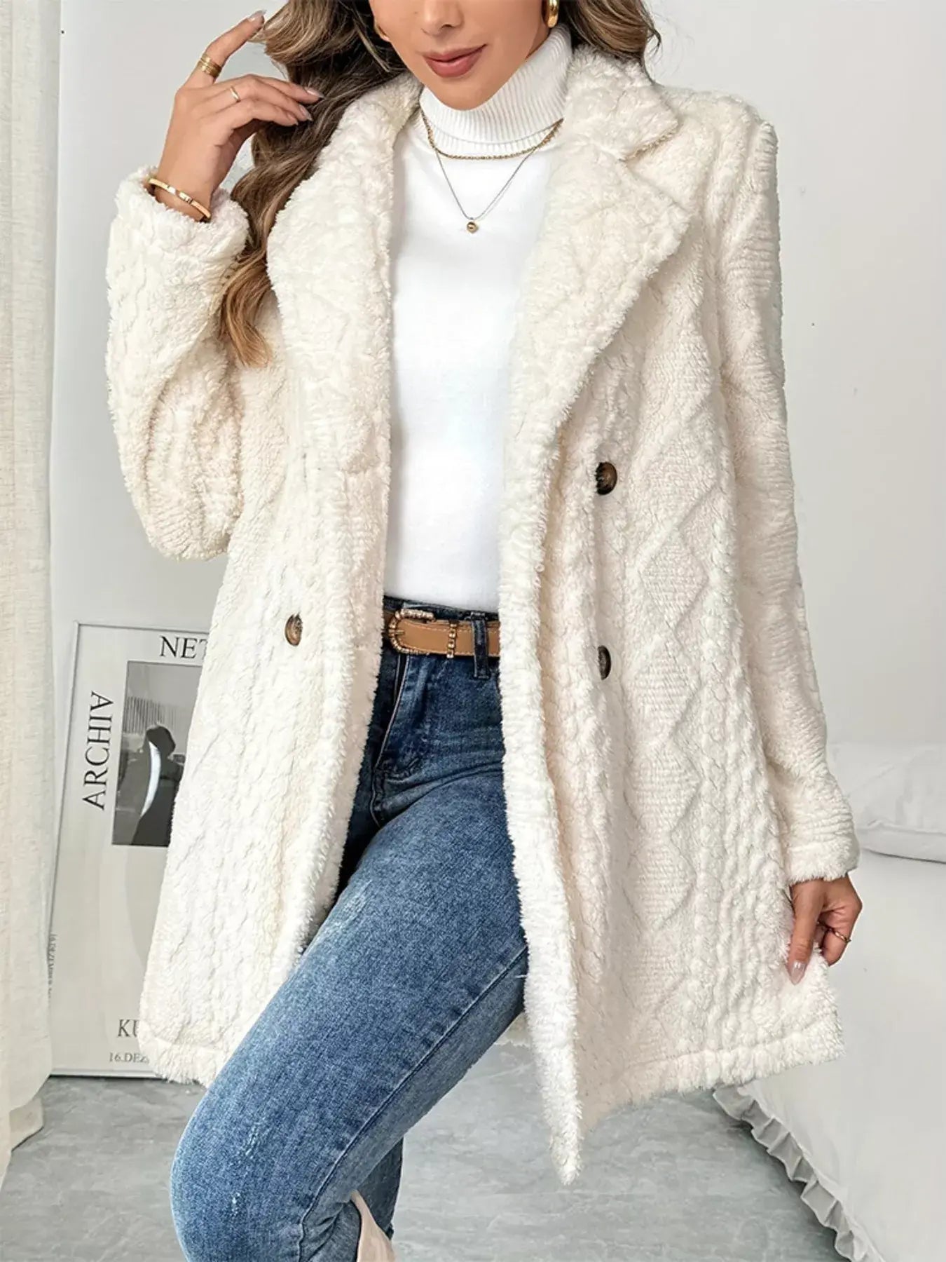 Fleece Double-Breasted Longline Coat - Trendsi - Flyclothing LLC