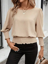 Smocked Waist Round Neck Blouse - Trendsi - Flyclothing LLC