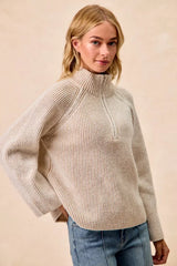 BiBi Two Tone Rib Texured Knit Collared Top with Zip Up - Trendsi - Flyclothing LLC