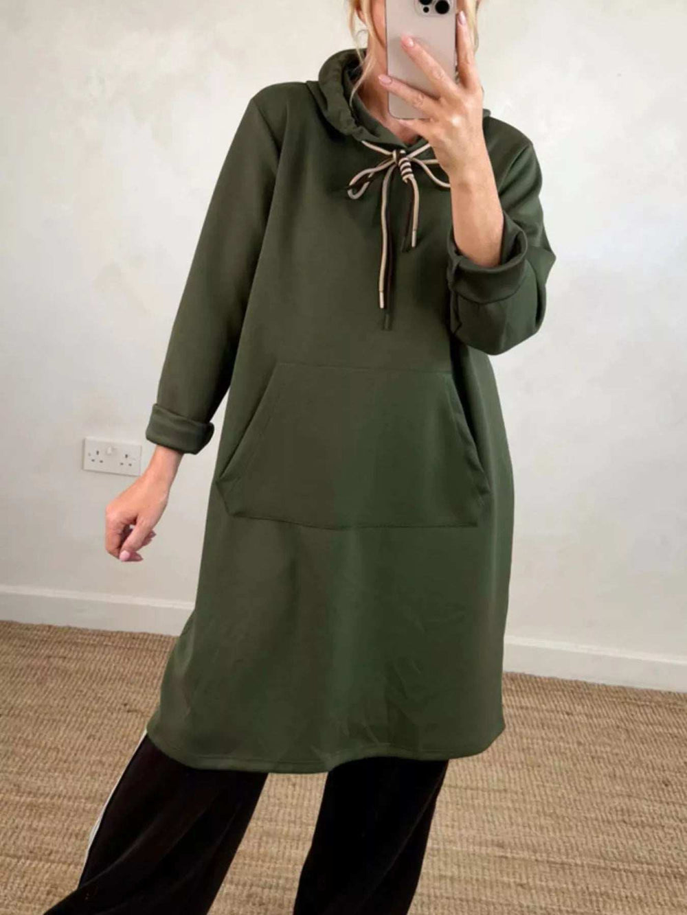 Full Size Casual Drawstring Hooded Sweatshirt Dress Plus Size - Trendsi - Flyclothing LLC