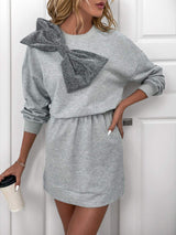 Perfee Bow Dropped Shoulder Long Sleeve Mini Dress - Trendsi - Flyclothing LLC