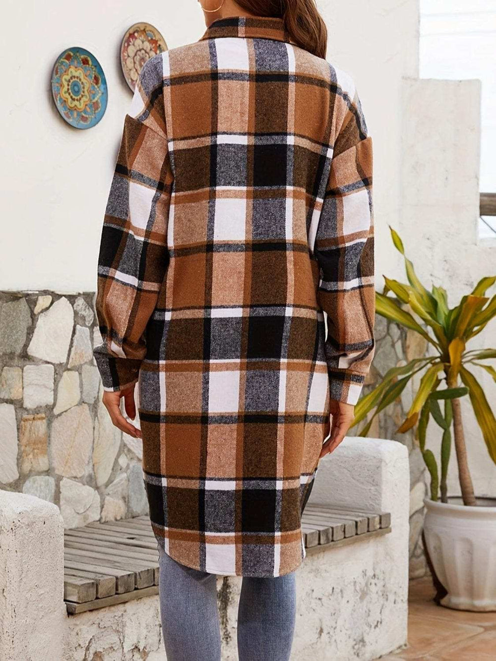 Plaid Collared Neck Long Sleeve Jacket - Trendsi - Flyclothing LLC