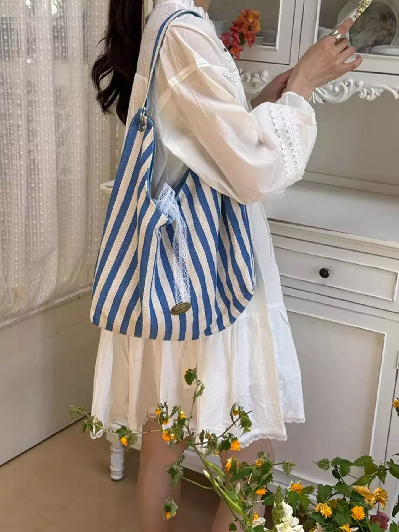 Striped Canvas Tote Bag - Trendsi - Flyclothing LLC