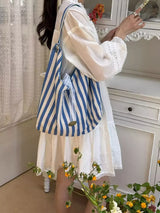 Striped Canvas Tote Bag - Trendsi - Flyclothing LLC
