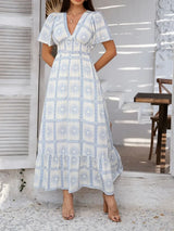 Devine Smocked Printed V-Neck Short Sleeve Maxi Dress - Trendsi - Flyclothing LLC