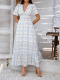Devine Smocked Printed V-Neck Short Sleeve Maxi Dress - Trendsi