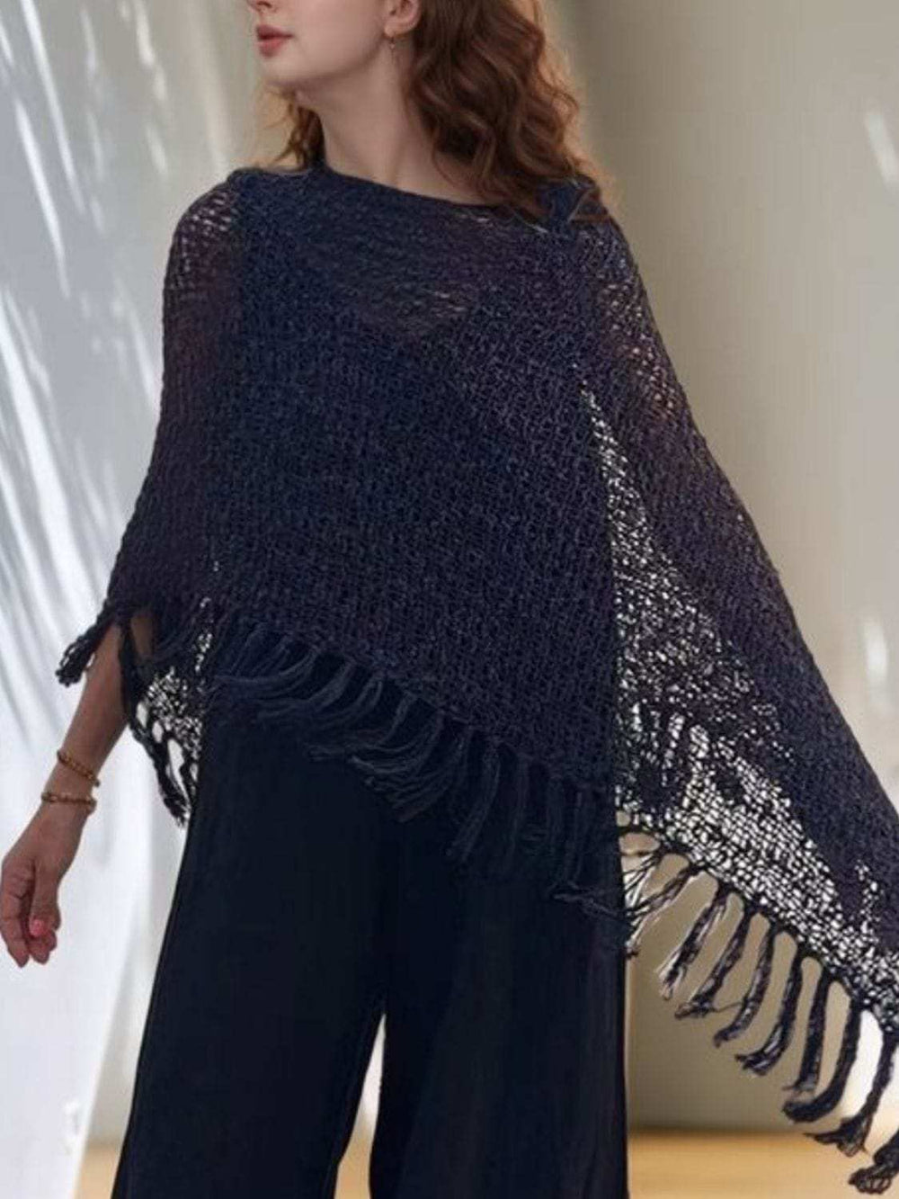 Tassel Boat Neck Knit Shawl - Trendsi - Flyclothing LLC