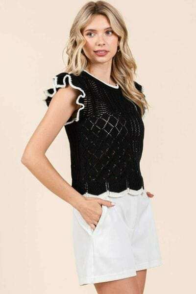 Mittoshop Openwork Contrast Trim Ruffled Cap Sleeve Knit Top - Trendsi - Flyclothing LLC
