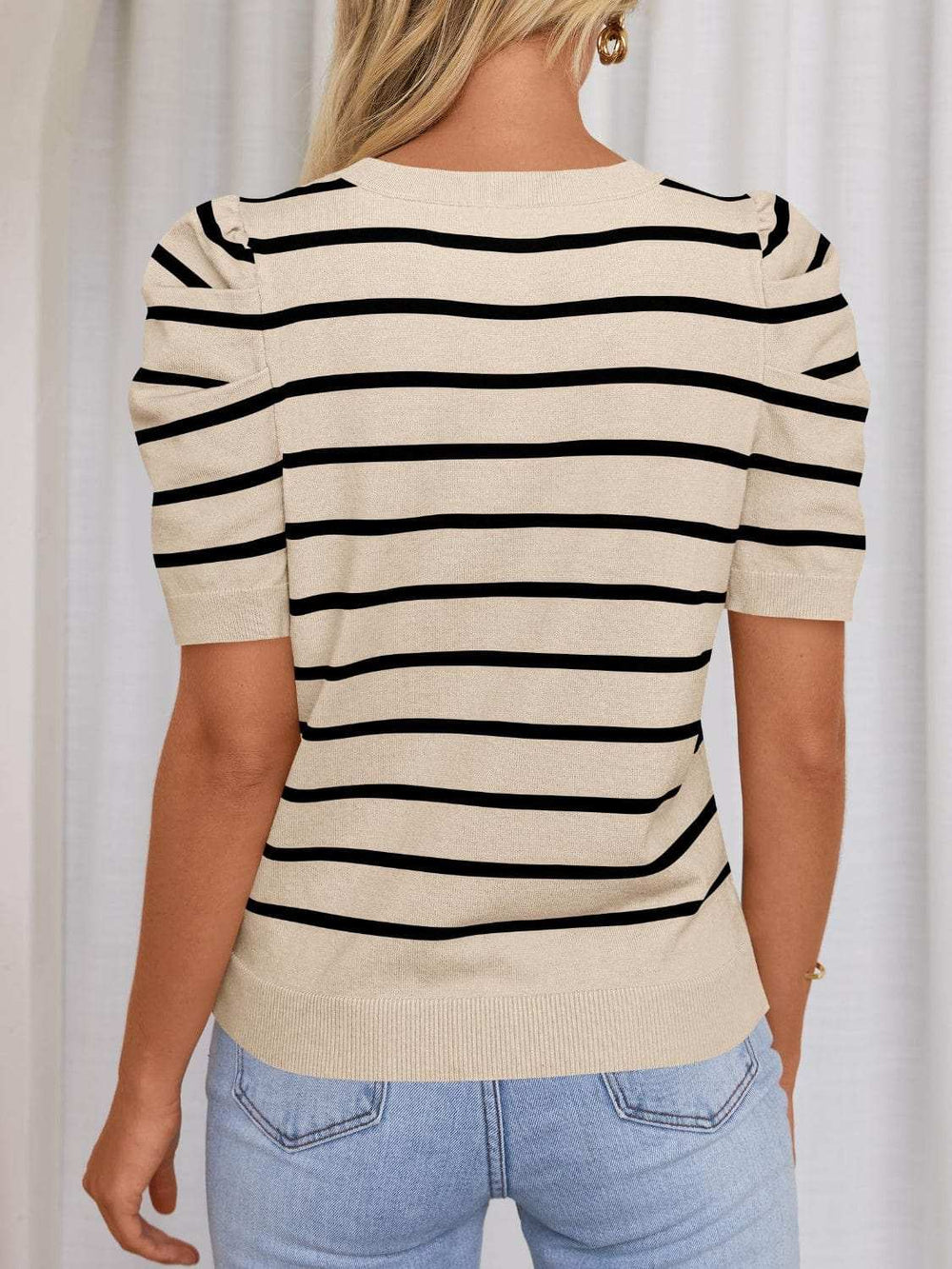 Striped Round Neck Puff Sleeve Knit Top - Trendsi - Flyclothing LLC