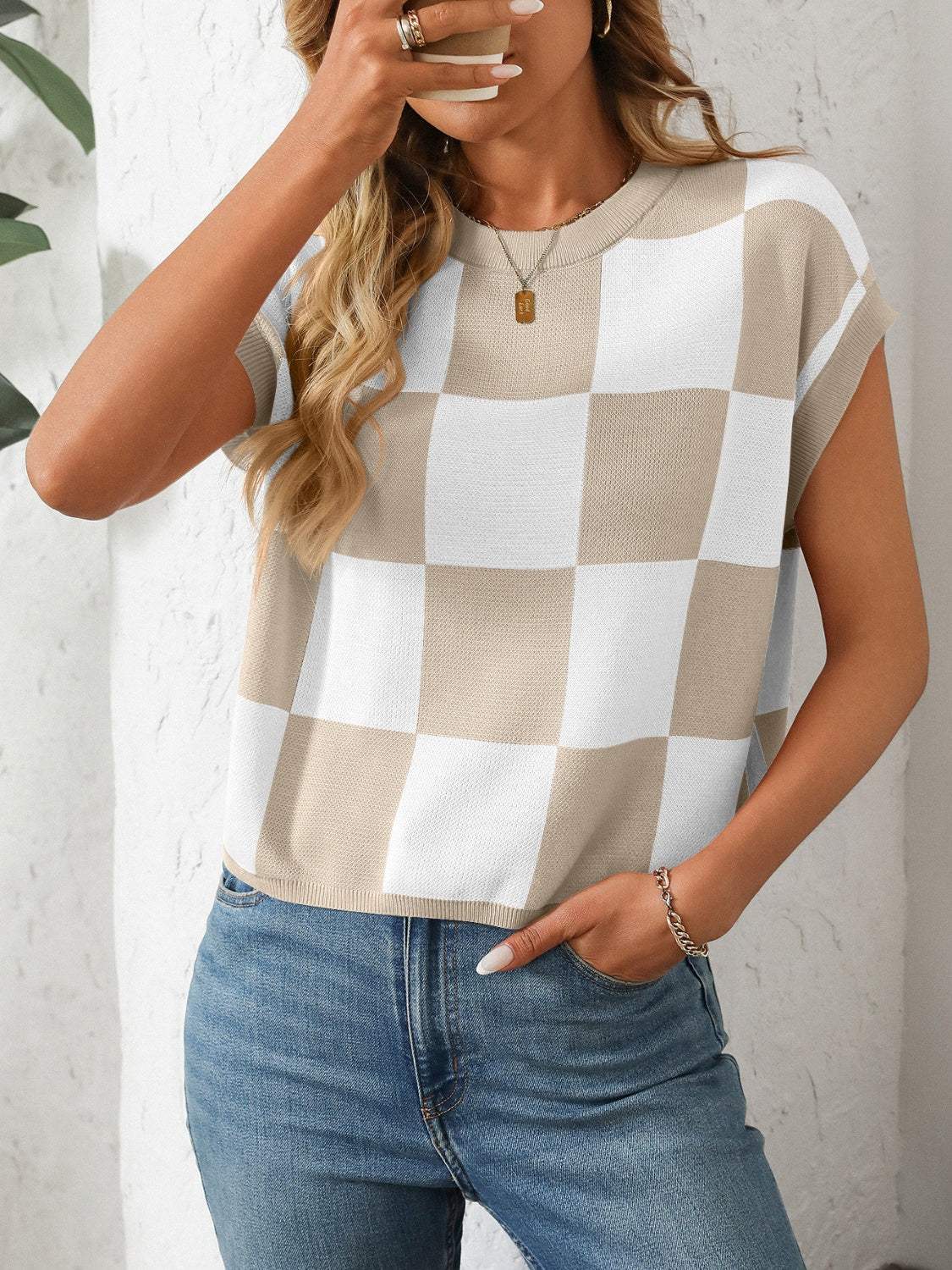 Mandy Checkered Round Neck Cap Sleeve Knit Top - Trendsi - Flyclothing LLC