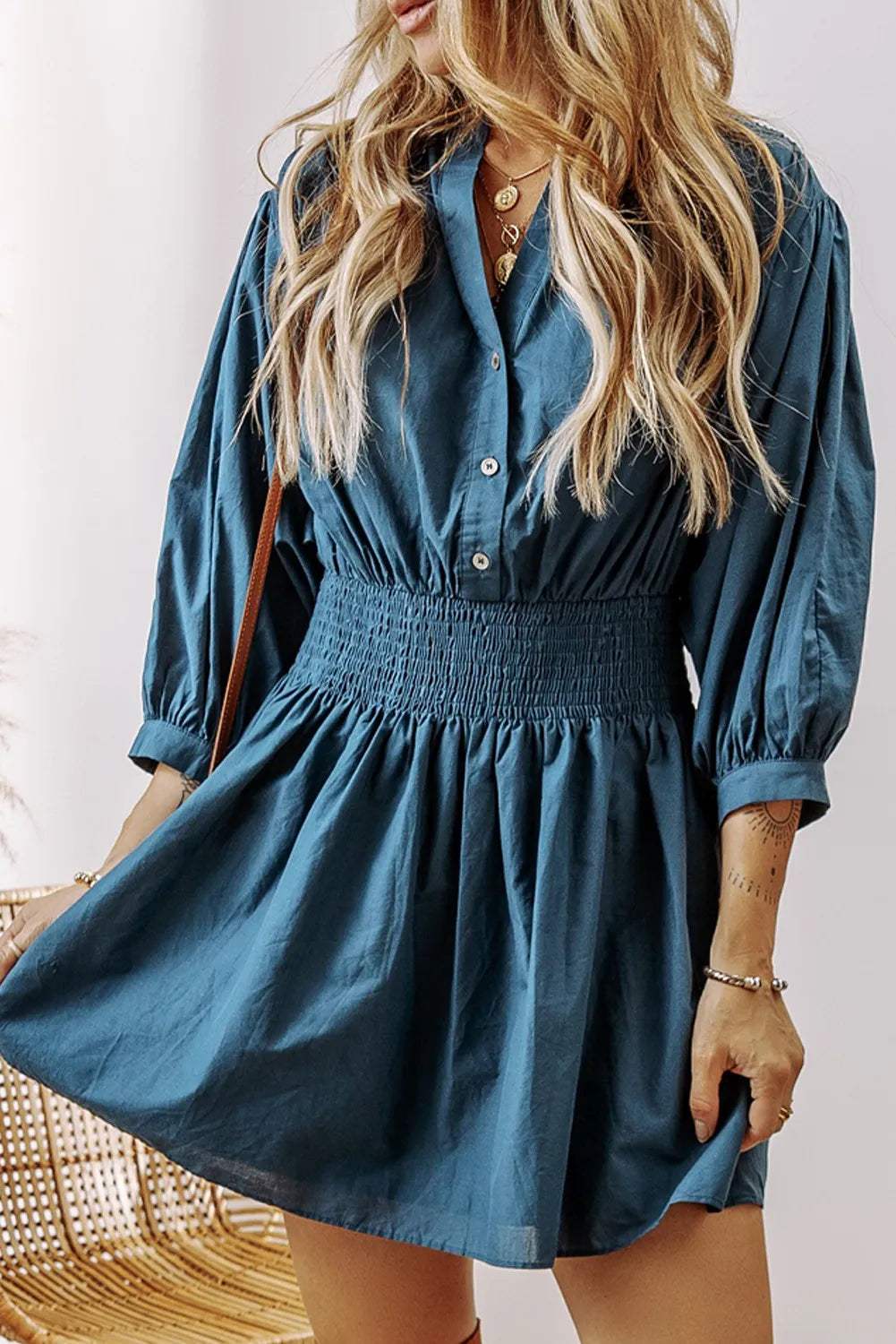 Smocked Half Button Three-Quarter Sleeve Mini Dress - Trendsi - Flyclothing LLC
