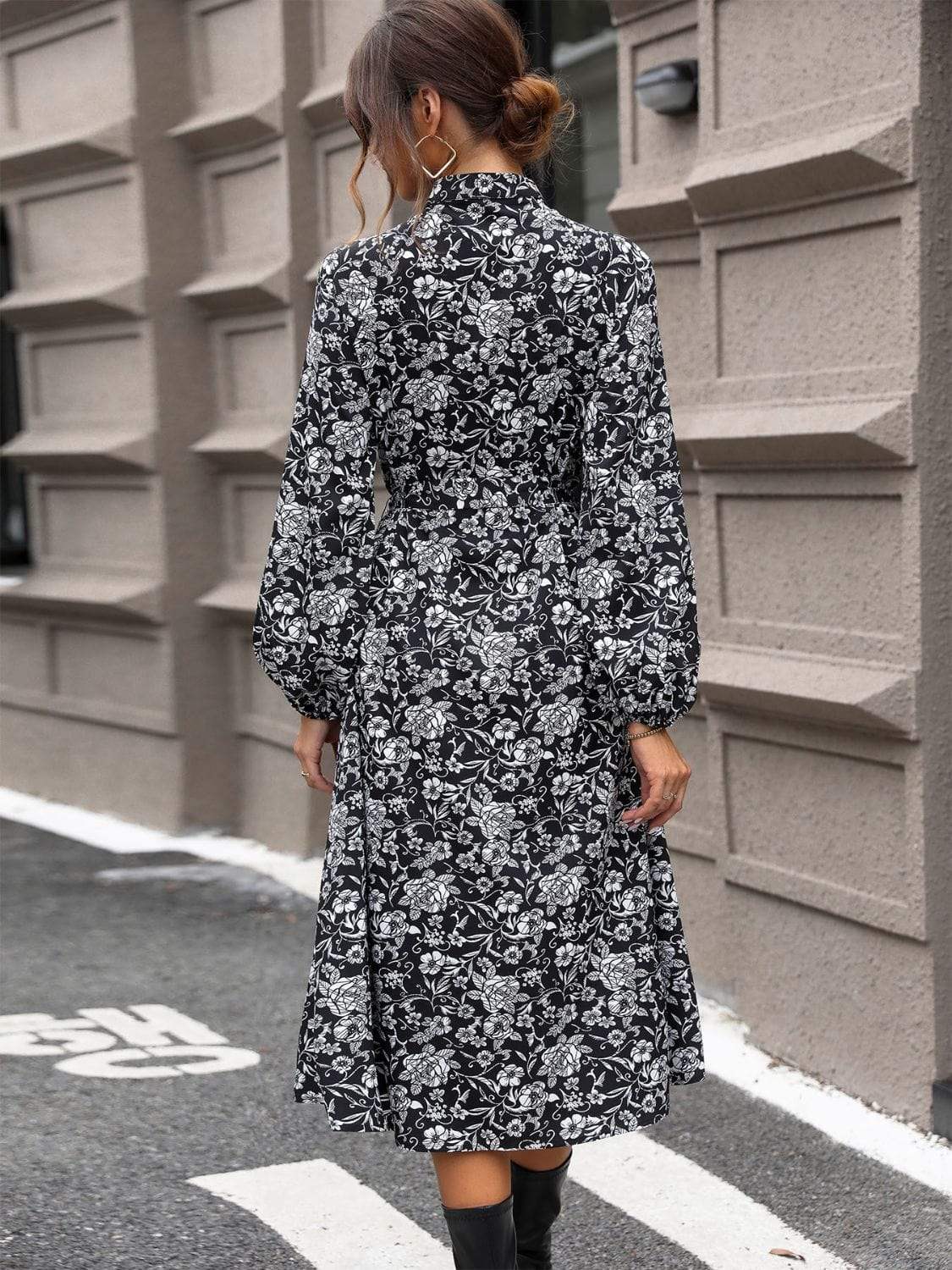 Lace Detail Printed Long Sleeve Midi Dress - Trendsi - Flyclothing LLC