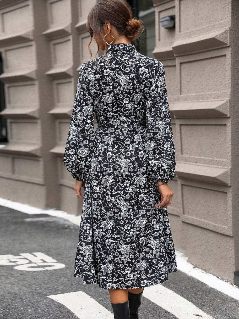 Lace Detail Printed Long Sleeve Midi Dress - Trendsi - Flyclothing LLC